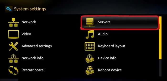 MAG System settings menu with Servers highlighted