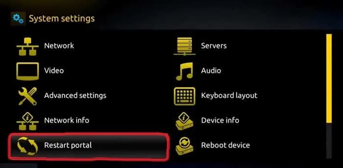 MAG System settings menu with Restart portal highlighted