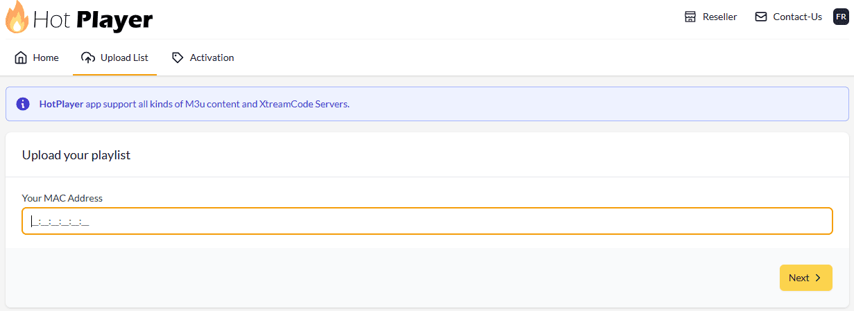 Hot Player website, Upload List page asking for your MAC address
