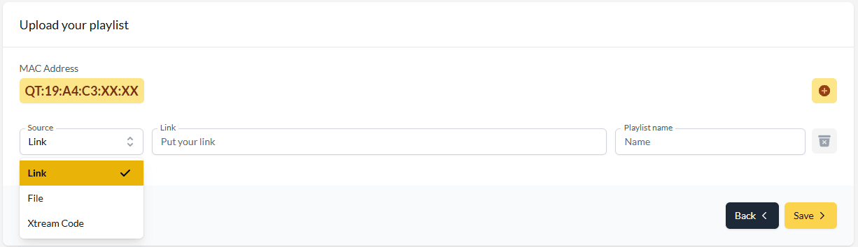Hot Player upload form with the Source menu open on Link, next to the Link and Playlist name fields