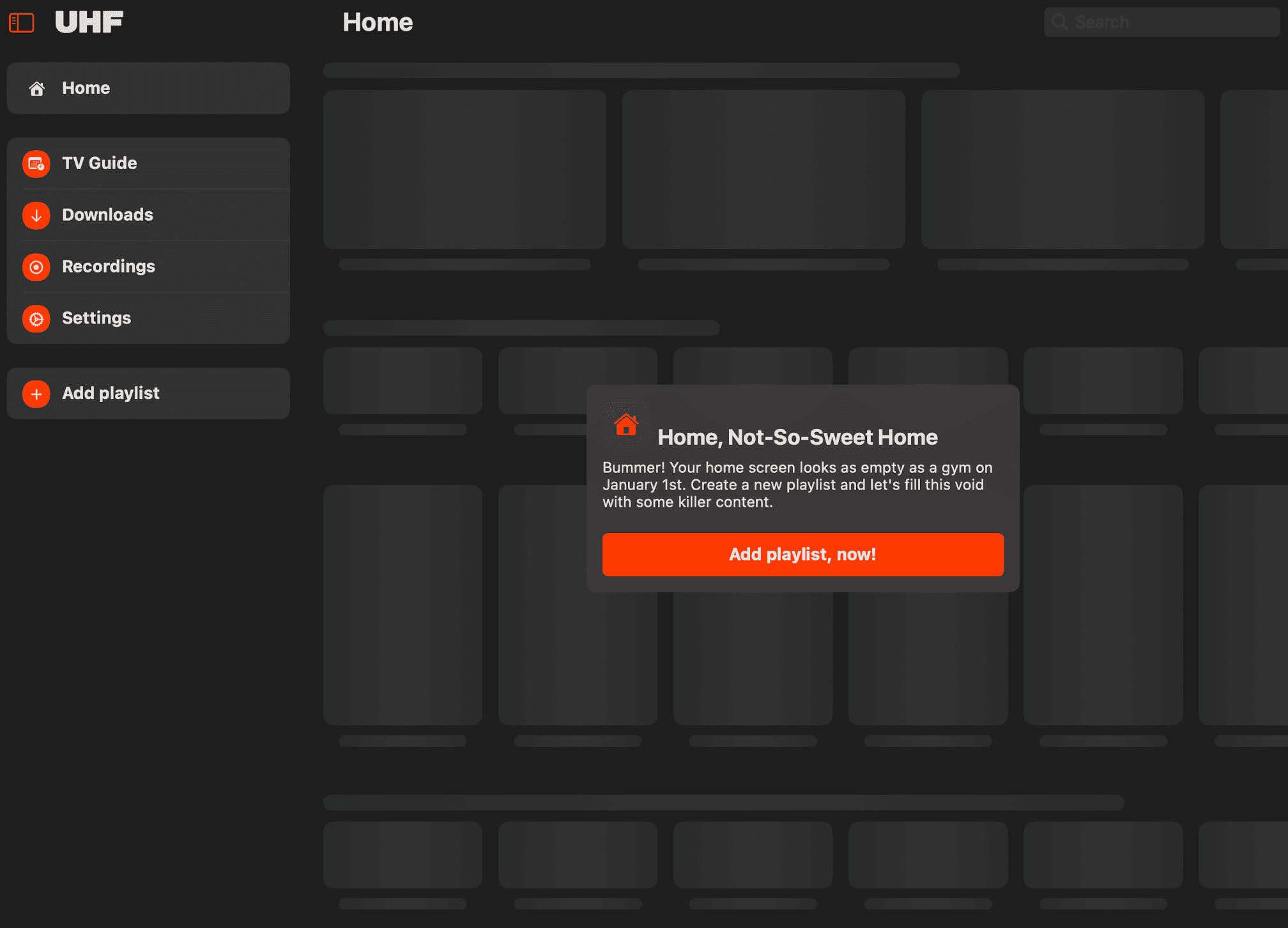 UHF home screen with the Add playlist button