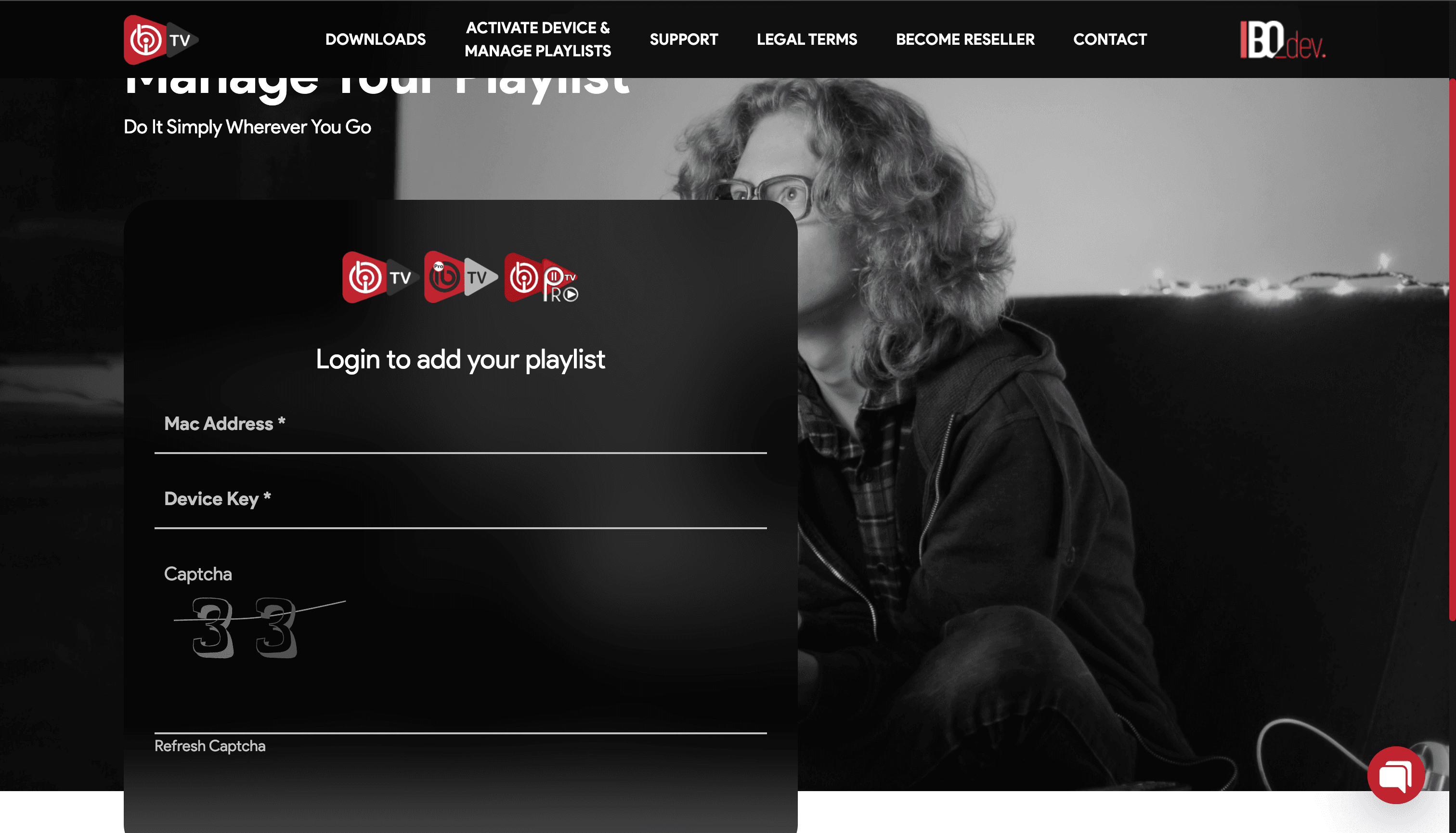 IBO Player website login asking for the MAC address, the device key and a captcha