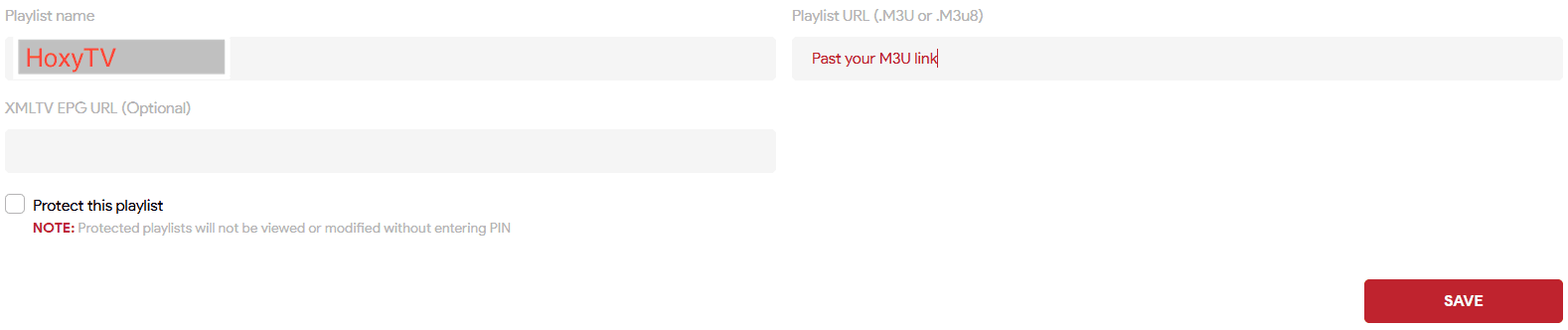 IBO Player playlist form with the Playlist name and Playlist URL fields
